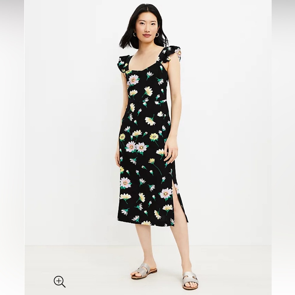 Loft black floral ruffle strap midi dress with slit women’s size 4
